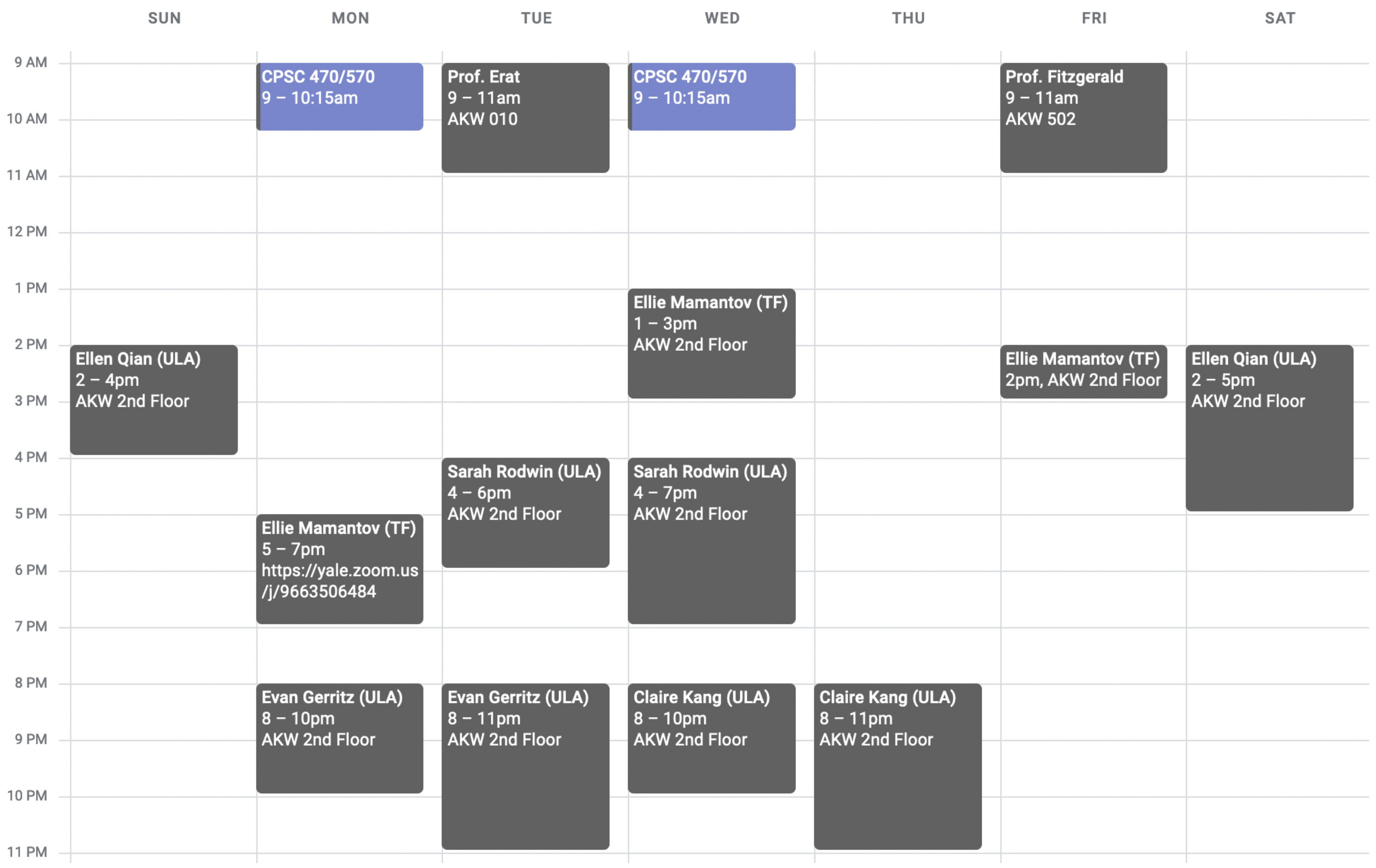 Calendar showing office hours. Prof. Erat's office hours are in AKW 010 on Tuesdays, 9-11am. Prof. Fitzgerald's office hours are in AKW 502 on Fridays, 9-11am. TF and ULA office hours are all in the AKW 2nd floor atrium. Mondays at 4-7pm. Tuesdays at 8-11pm. Wednesdays at 2:30-5:30pm. Thursdays at 2:30-5:30. Saturdays at 2-5pm.